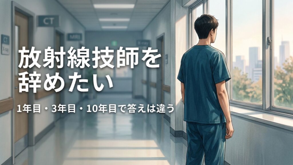 放射線技師を辞めたいと悩む技師が検査室で立ち止まっているイメージ