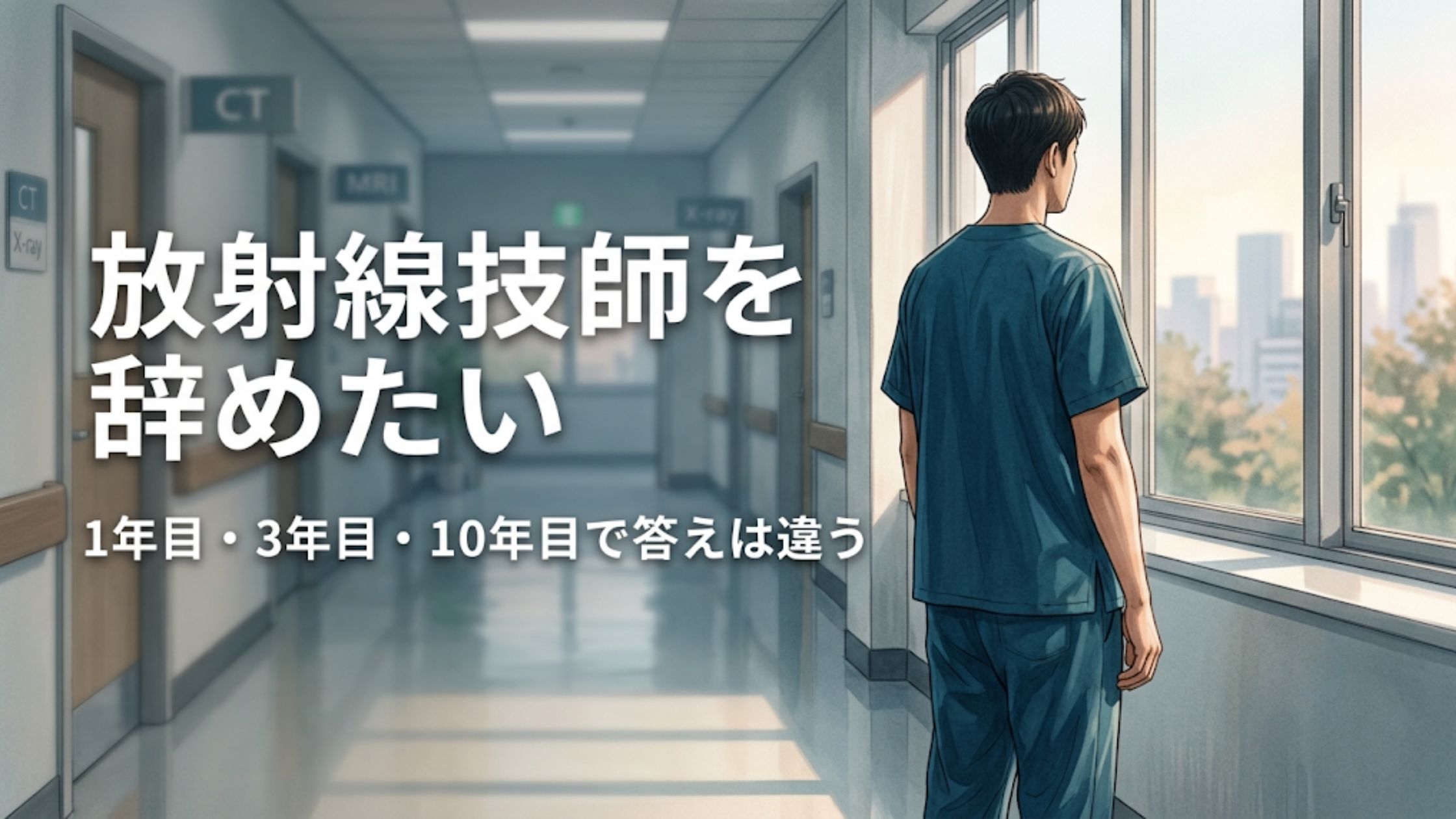 放射線技師を辞めたいと悩む技師が検査室で立ち止まっているイメージ
