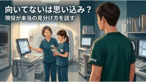 放射線技師の職場で先輩が新人を指導し支え合う様子を見る技師のイメージ