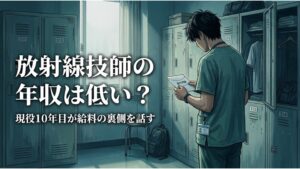 放射線技師が給与明細を見て年収に悩むイメージ