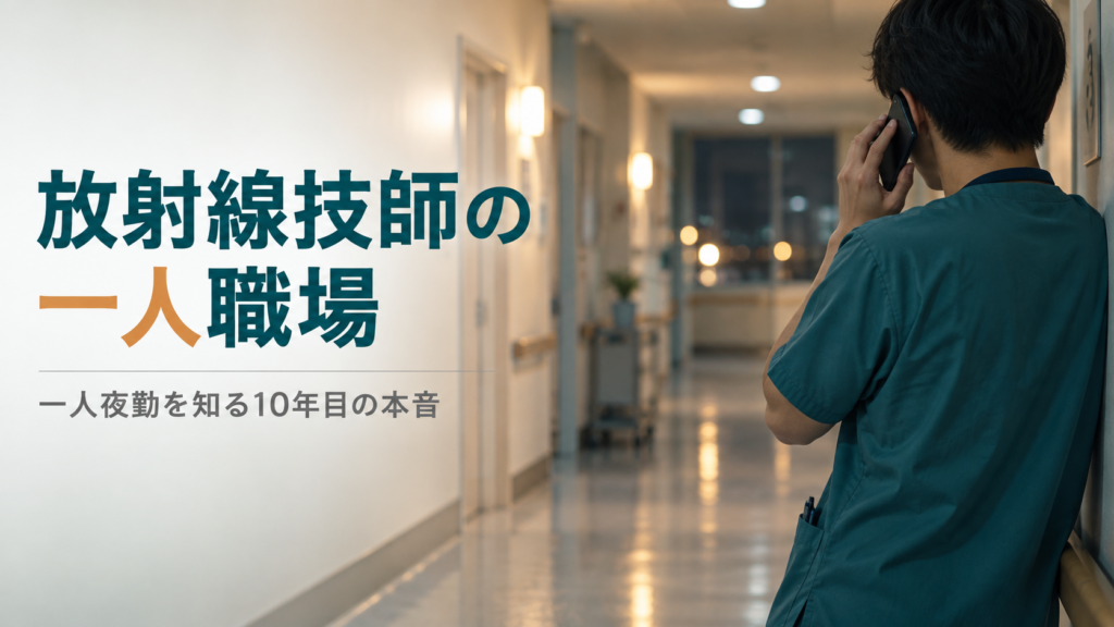 放射線技師の一人職場をイメージした、夜の病院で一人スマートフォンを持つ医療スタッフ